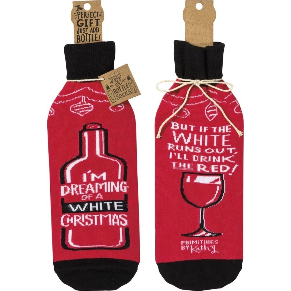Primitives by Kathy Decorative Bottle Sock White Christmas I'll Drink Red